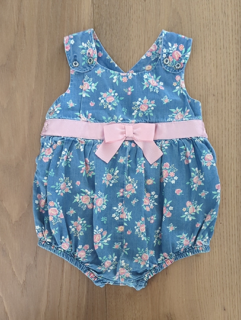 Denim Style Floral Bodysuit Romper Bubble in Blue & Pink